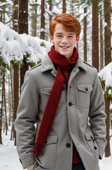 A redhead teen boy, with freckles, grey eyes, a small nose, a small and feminine face, a handsome and smiling, standing in a snowy forest with a red scarf and a lime green snow jacket 