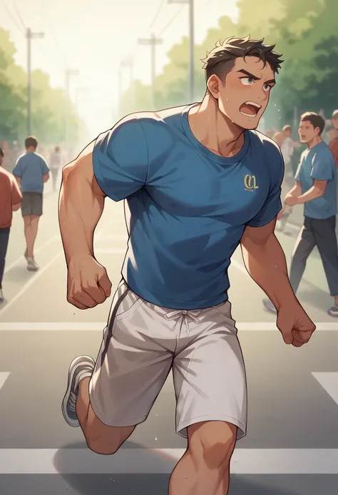 I want a handsome 30 year old Brazilian man running in a marathon with a blue shirt. 30 years old 