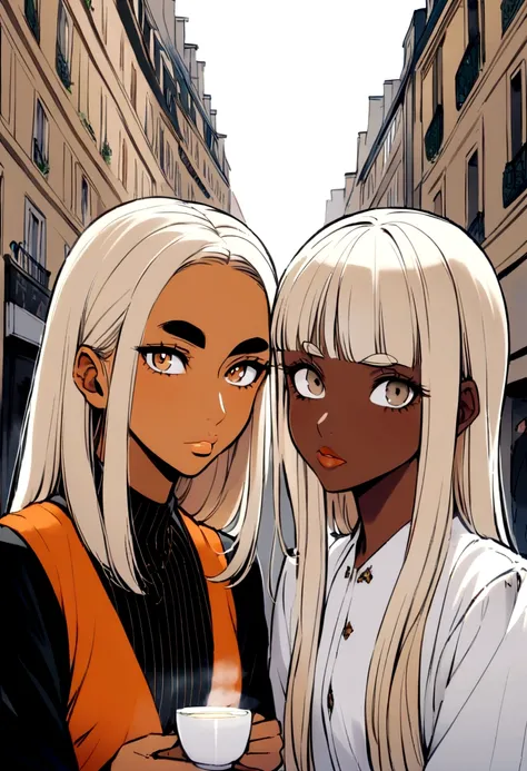 of friends; one with dark skin, long straight hair with bangs, high, large eyes, medium eyebrows, middle nosenamente grande, medium lips and a mole under the left eyebrow. the other friend; orange shoulder length hair, white tea, thin eyebrows, large eyes,...