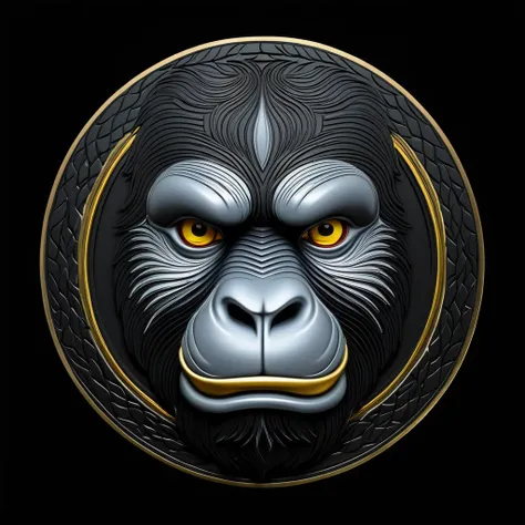 Gorilla face emblem, full color, uneven front, circular plate, pattern on black background.