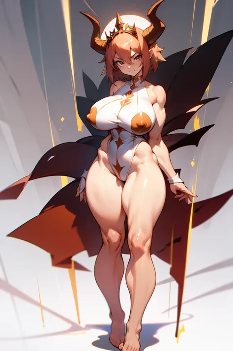 (masterpiece), best quality, expressive eyes, perfect face, demon girl, huge girl, female muscular:1.2, big horns, massive breast:1, curvy:1.4, tiara, short hair, naked, nude, barefeet, evil smile, ((blank background)), (full body framing), (thick thighs:1...