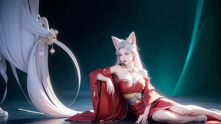 Ultra high definition。Full body drawing is required。Sitting flat。Enraged, he turns his face away。Red shoulder-baring kimono。Emerald Cyberpunk World Background。Side camera high angle bust zoom up。Mature Woman。White hair with fox ears。Emphasize cleavage。Earr...