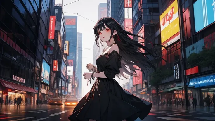 masterpiece, best quality, highres, absurdres, ultra detailed, pretty eyes, pretty_hands Goth girl 1girl, ((black long hair)), red eyes, jewelry, necklace, pale skin, neon lights A dark-haired girl named Akira with long black hair and red eyes, wearing a b...