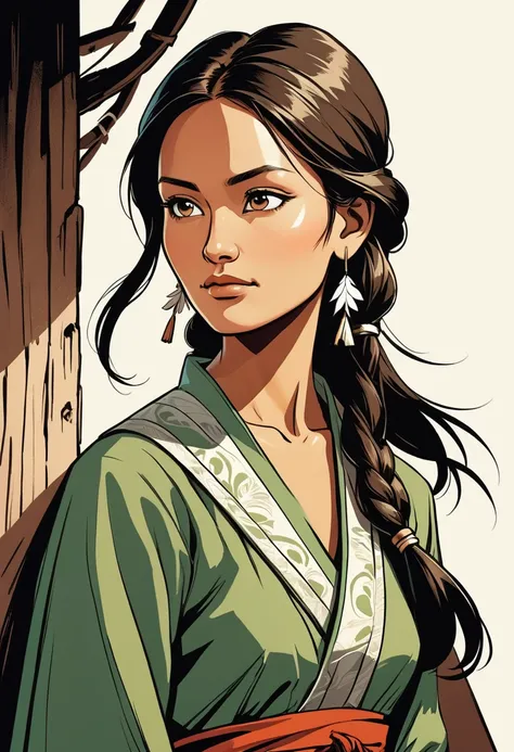 elegant, sage, beautiful native, brown, woman, looking sideway, with a crooked nose. traditional clothes, graphic novel illustration, high contrast
