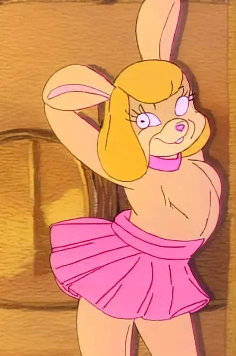 
Furry Yellow bunny with white eyes with hot pink pupil and pink collar with a heart, with mat instead of chest without clothes just a skirt cartoonish Hanna-Barbera type, Women, Mexican pink volume skirt, BALD, in cute pose solo mechon enfrente