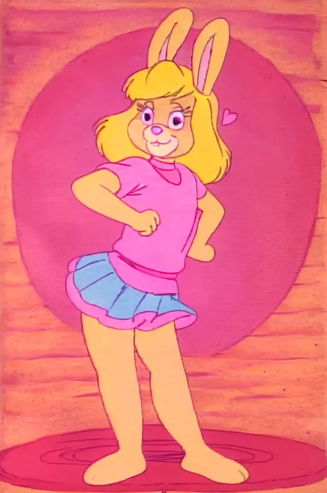 
Furry Yellow bunny with white eyes with hot pink pupil and pink collar with a heart, with mat instead of chest without clothes just a skirt cartoonish Hanna-Barbera type, Women, Mexican pink volume skirt, BALD, in cute pose solo mechon enfrente