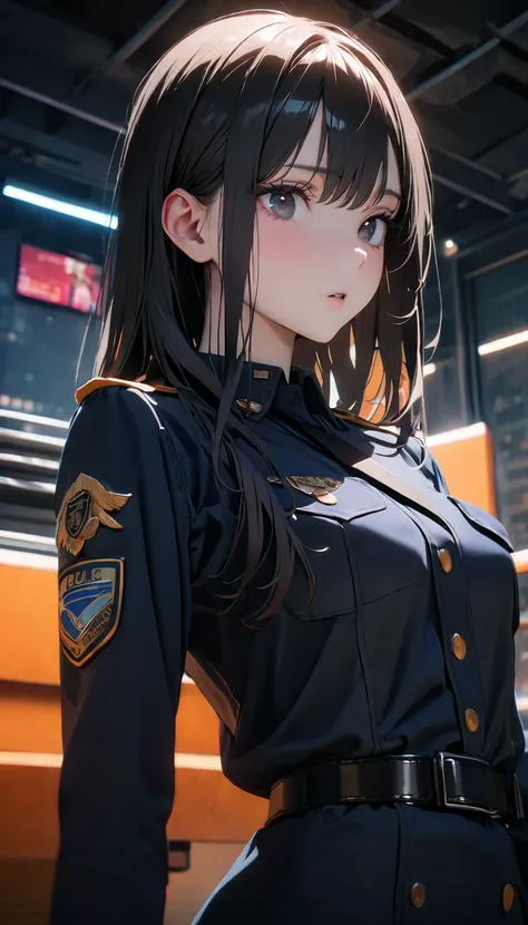 (8K, RAW photos, best quality, masterpiece: 1.4), (((Answering the phone的fema)))，Ultra-high resolution, Extremely detailed, light, female, black eyes, (delicate eyes, Eyes are bright:1.2), Black long hair, Fair skin,dark, Prop police uniform,(perfect anato...