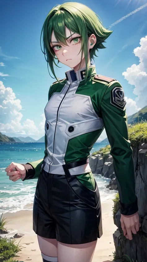 Green hair some black locks eyes red eyes and one green freckles pale skin UA uniform on a water walk serious face anime style my hero academia male UA uniform 