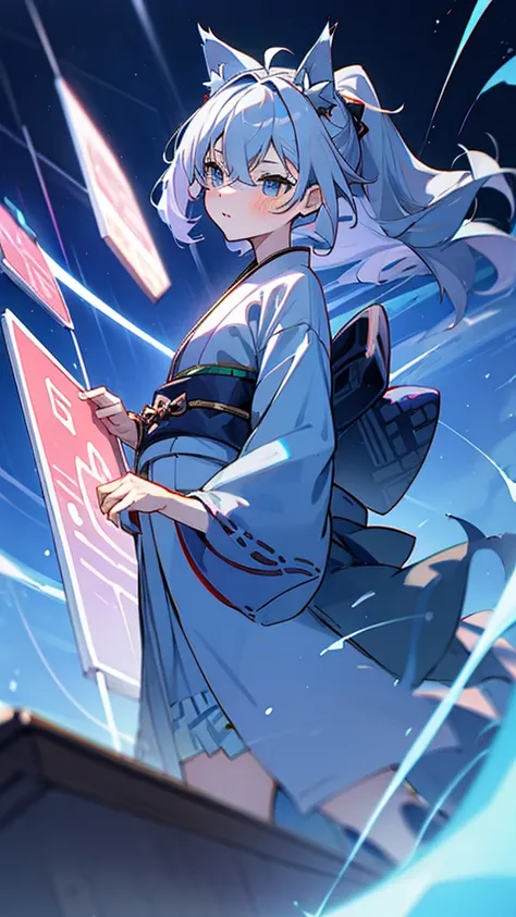 naughty girl;
Wolf ears and tail;
Long messy hair;
gray hair;
Kimono with lightning cloud details;
Rays around the body;
It&#39;s in a black space full of clouds forming;
Sky blue eyes;
