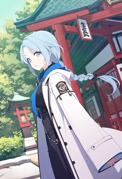 (One Girl,azure hair,Hairstyle: braided ponytail, pale blue eyes,Medium chest,Dynamic Angle)Long sleeve hooded long coat,Black trousers,A shrine with a green background,