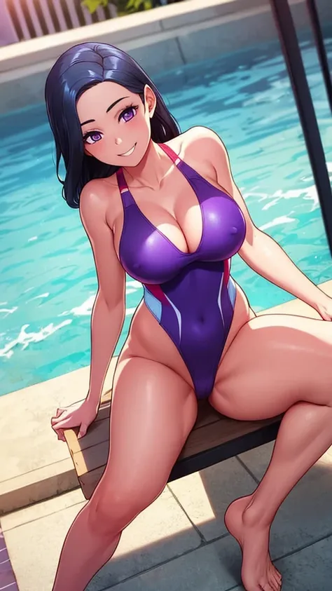 girl，single，Long hair，breast，Looking at the audience，Smile，丰满的breast，Black Hair，Cleavage，Sitting，Purple Eyes，swimsuit，barefoot，One-piece swimsuit，Bareleged