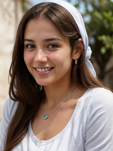 very high resolution, realistic white Palestinian women, blue shirt, white teethes, cute smile, long brown hair, realistic facial details, modest, white skin