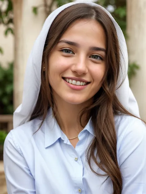 very high resolution, realistic white Palestinian women, blue shirt, white teethes, cute smile, long brown hair, realistic facial details, modest, white skin