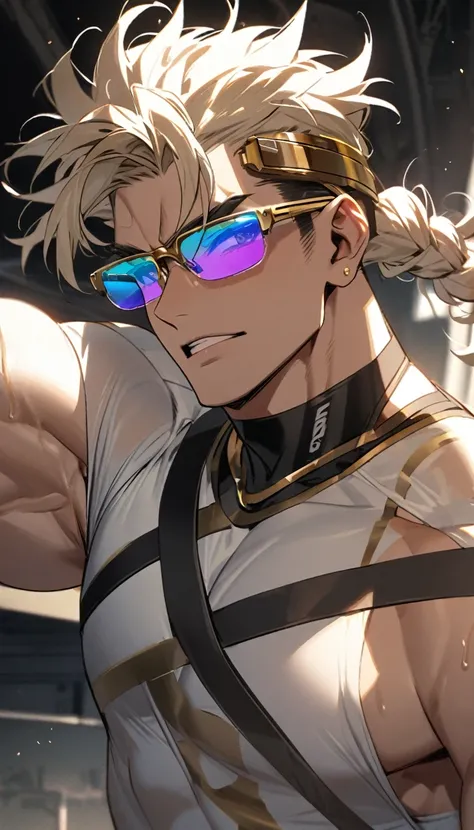 A muscular man in white and gold fitness clothing，Cool hairstyle，Cool glasses