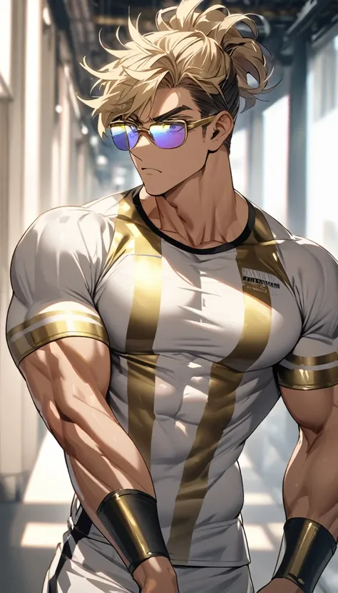 A muscular man in white and gold fitness clothing，Cool hairstyle，Cool glasses