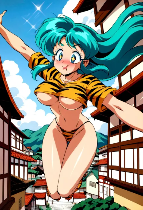 score_9, score_8_up, score_7_up, lum, solo, retro artstyle, 1980s style, breasts, blue eyes, eyeshadow, green hair, bangs, aqua hair, dynamic angle, large breasts, large ass, loose cropped tiger-stripped sweatshirt, underboob, skinny, thong, flashy clothin...