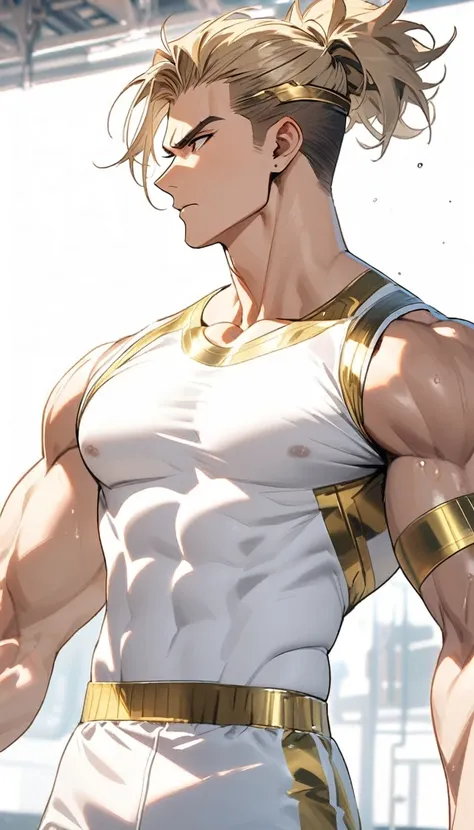 A muscular man in white and gold fitness clothing，Cool hairstyle