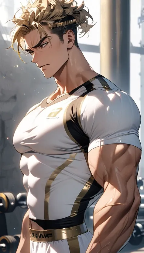 A muscular man in white and gold fitness clothing，Cool hairstyle