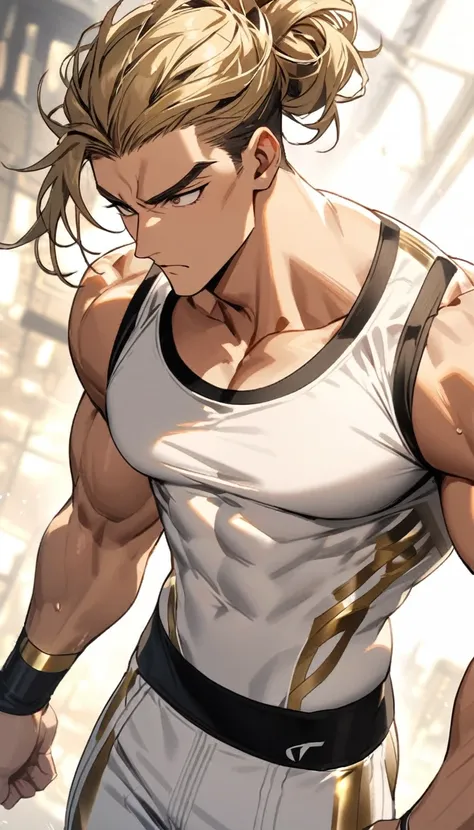 A muscular man in white and gold fitness clothing，Cool hairstyle