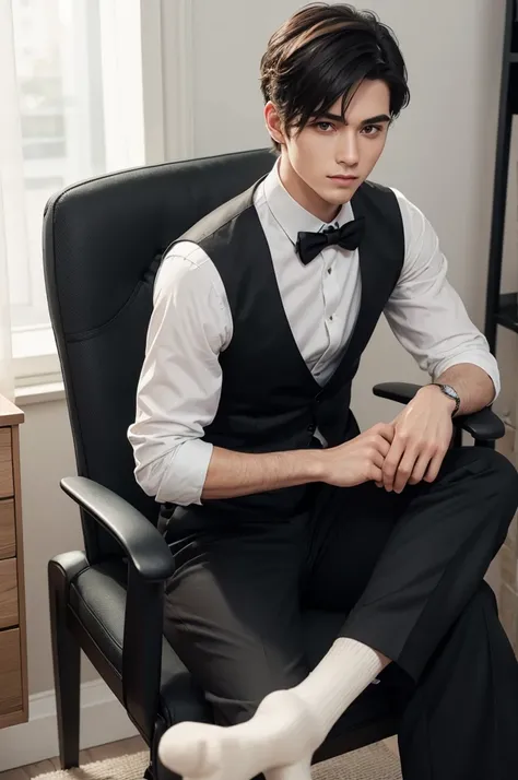 Male character with straight American haircut White dress shirt rolled up sleeves black vest closed trousers coffee-with-milk colored socks sitting on a chair Gamer in a room Gamer with YouTube signs black tie