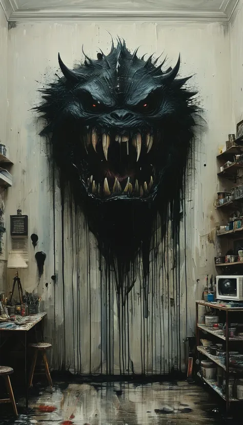 Highly detailed and impactful painting of a monster in a room,   8K,   sharp,  Professional, clear,   High Contrast, High saturation, , Vivid deep black, crystal clear