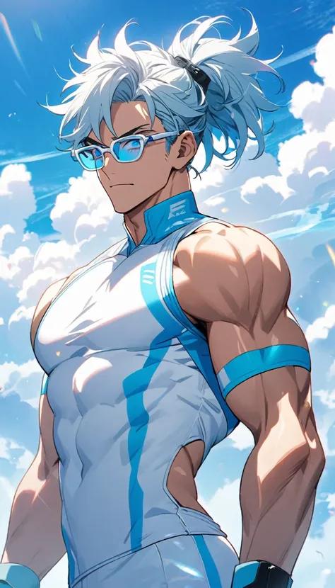 A muscular man wearing a white and sky blue fitness outfit，Cool hairstyle，Cool glasses，Blue sky and white clouds