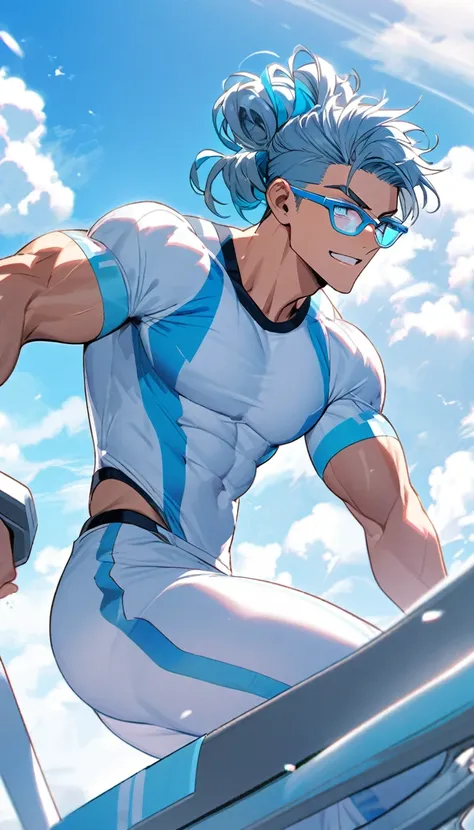 A muscular man wearing a white and sky blue fitness outfit，Cool hairstyle，Cool glasses，Blue sky and white clouds