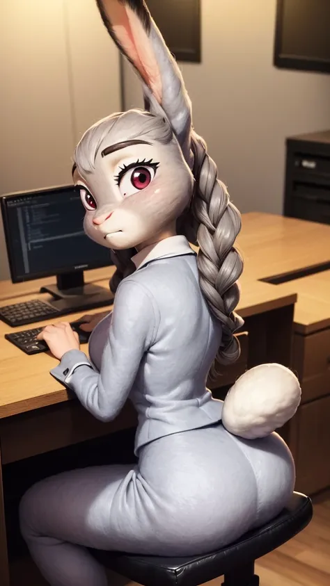 best quality, masterpiece, 3D anime, ((solo)), ((1girl)),  ((Face is JudyHopps)), (long ears like a rabbit:0.8), Heir is beige bobheir style, Body is human lady, mini skirt suit, (two-piece suit:0.5), office business suit stlye, (the suit is made of wool:1...