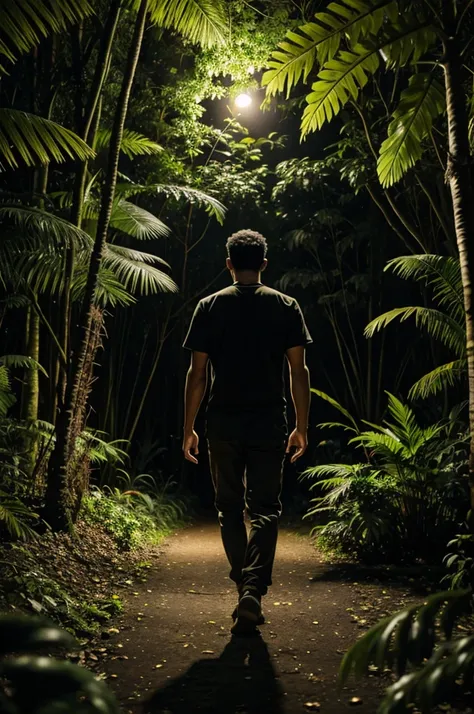 A man standing in jungle at night 