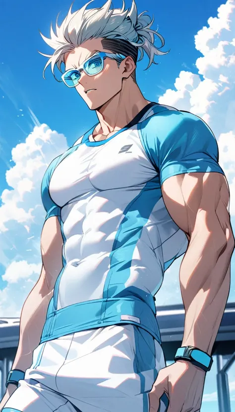 A muscular man wearing a white and sky blue fitness outfit，Cool hairstyle，Cool glasses，Blue sky and white clouds