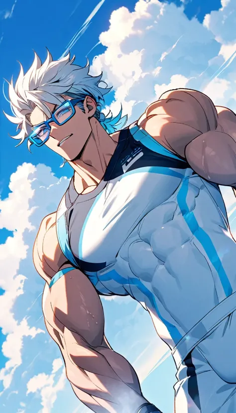 A muscular man wearing a white and sky blue fitness outfit，Cool hairstyle，Cool glasses，Blue sky and white clouds