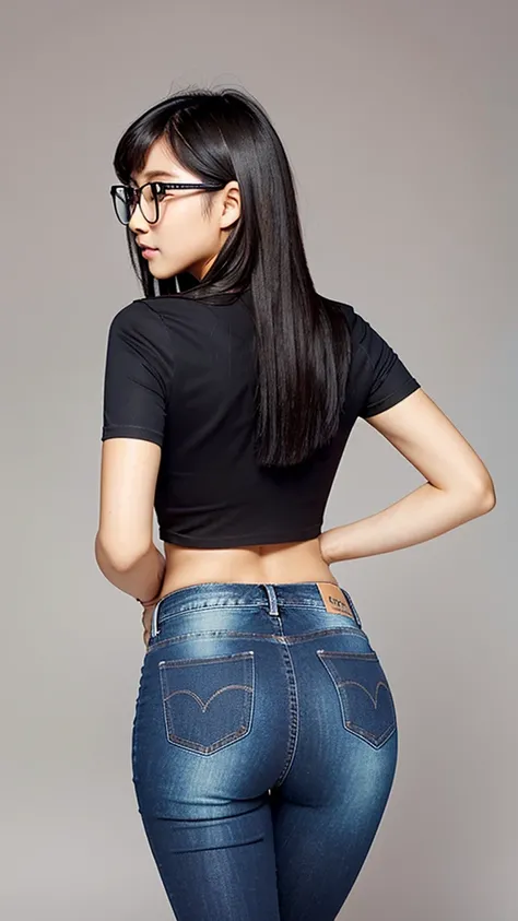 Cute dark skinned Chinese girl wearing glasses, detailed skin tight jeans, tight crop top, mid size butt, 