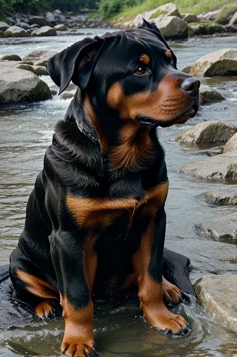 Realistic photo of a Rottweiler sitting beside the river 