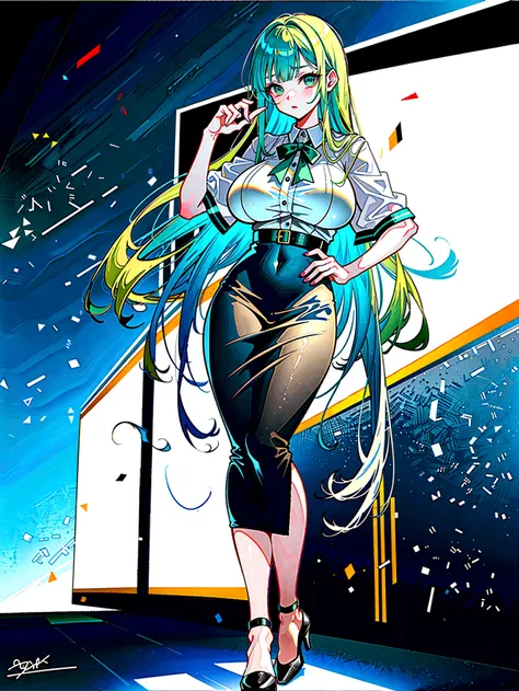 (masterpiece, top quality, best quality, official art, beautiful and aesthetic:1.0), (8k, best quality, masterpiece:1.2), very long hair, full body, (large breasts:1.4), very long hair, high heels, (pencil skirt:1.2), green hair, tall girl,