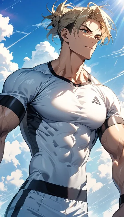 A muscular man in white and gold fitness clothing，Cool hairstyle，Blue sky and white clouds，Sunlight