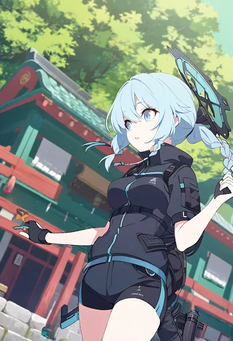 (One Girl,azure hair,Hairstyle: braided ponytail, pale blue eyes,Medium chest,Dynamic Angle)Techwear,Black shorts,A shrine with a green background,