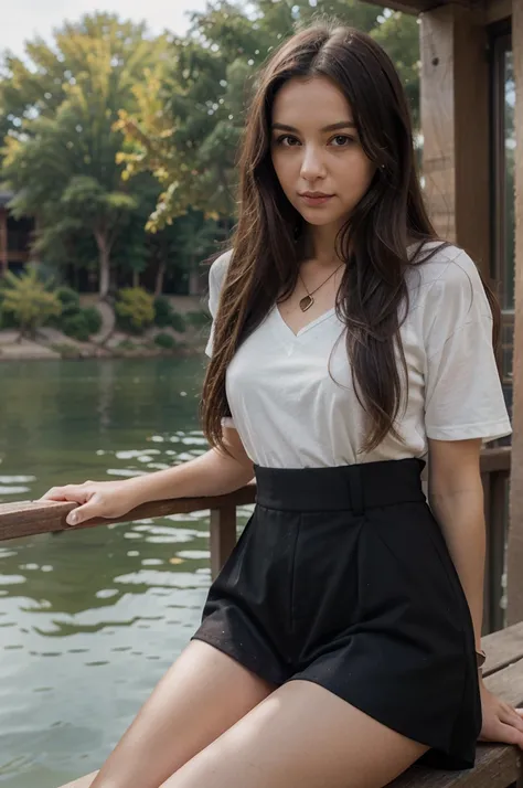 1girl in, 30 years old, Square face, Long hair, Looking at viewer, jewelry, Reality, Sexy, student clothes , Lake backdrop , resting position