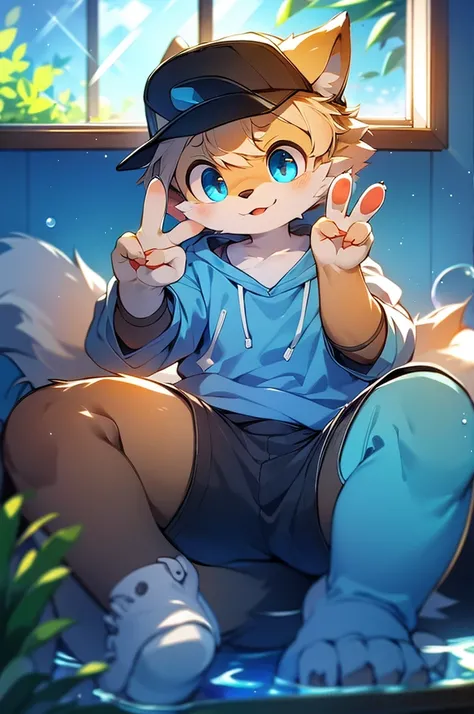 masterpiece, best quality, bright eyes, detailed eyes, furry, wolf, male, baggy clothing, baseball cap, v sign, (head tilt:1.3), high saturation, colorful, detailed background, perfect lighting, shadow, aquarium, window, deep blue theme, bubble