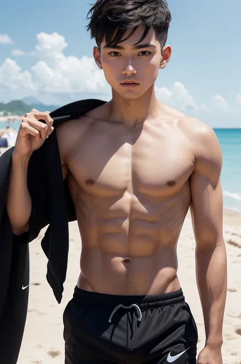 Male character with straight American haircut shirtless black Nike shorts on the beach