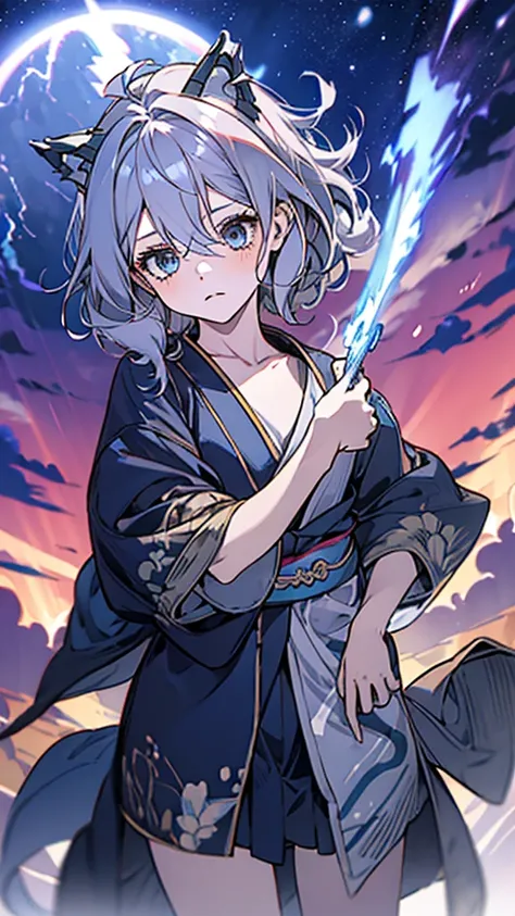 criança;
naughty girl;
wolf ears and tail;
long messy hair;
gray hair;
kimono with lightning cloud details;
rays around the body...