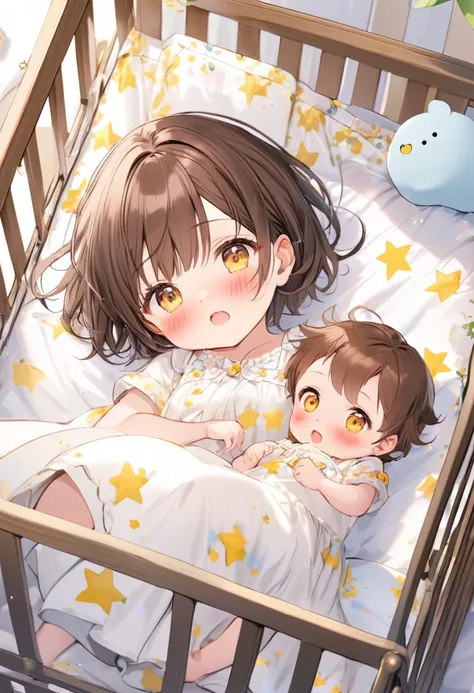 1 baby girl, alone, looking at viewer, blushing, short hair, open mouth, brown hair, dress, yellow eyes, short sleeves, lying down, on back, star (symbol), white dress,In the crib,