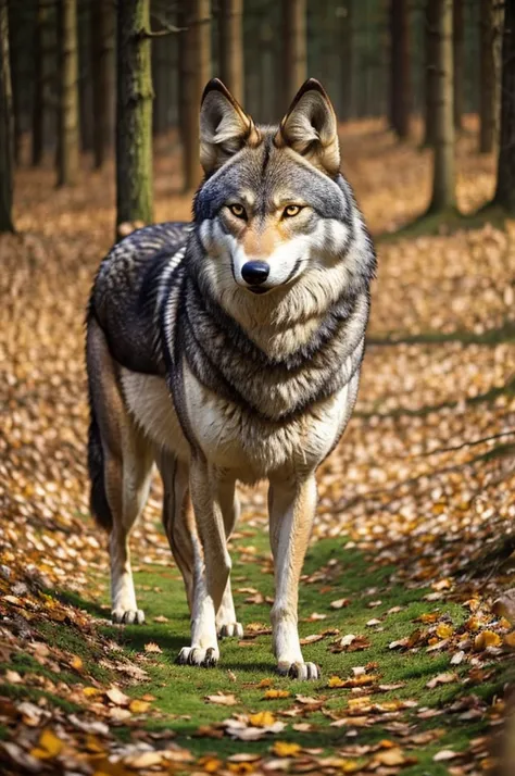 Araffe mit einem Stofftier in einem Wald mit autumnblättern, the furry Fursuit is running, Fursuit!!!!, Fursuit, Furries with tails, fursona, furry character, ein anthropomorpher Wolf, generic furry style, autumnsaison, Pelziger Wolf, pelzige Fursona, autu...