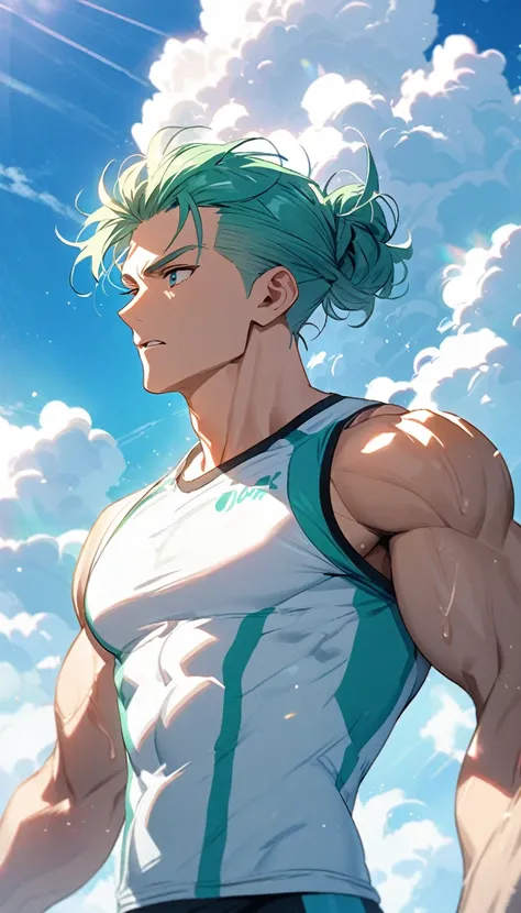 A muscular man wearing a sky blue and green fitness outfit，Cool hairstyle，Blue sky and white clouds，Sunlight