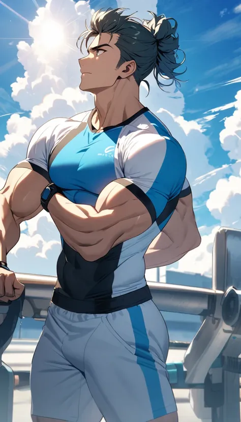 A muscular man wearing a sky blue and gold fitness outfit，Cool hairstyle，Blue sky and white clouds，Sunlight