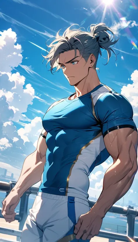 A muscular man wearing a sky blue and gold fitness outfit，Cool hairstyle，Blue sky and white clouds，Sunlight