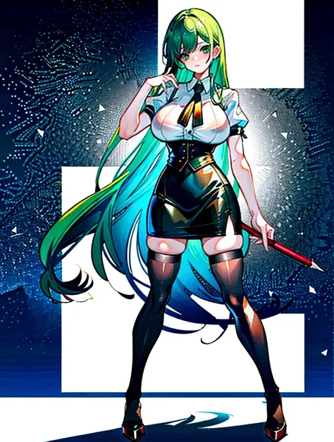 (masterpiece, top quality, best quality, official art, beautiful and aesthetic:1.0), (8k, best quality, masterpiece:1.2), very long hair, full body, (large breasts:1.4), very long hair, high heels, (pencil skirt:1.2), green hair, tall girl,black thighhighs