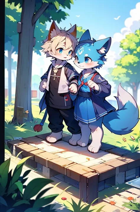 Blue fur, Canine, fox motif, Couple of girls and boys, uniform、Holding hands，