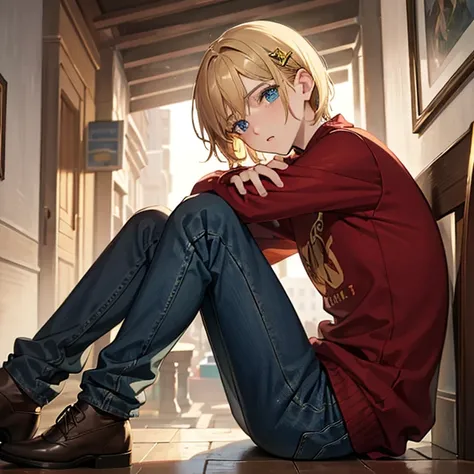 (masterpiece art, high best quality image, very detailed features)
1boy, 16 years old teenage male boy, short blonde golden hair, blonde golden eyebrows, fair skin, light blue eyes, thin lips, crying face, tears streaming from face (scarlet red sweater, bl...