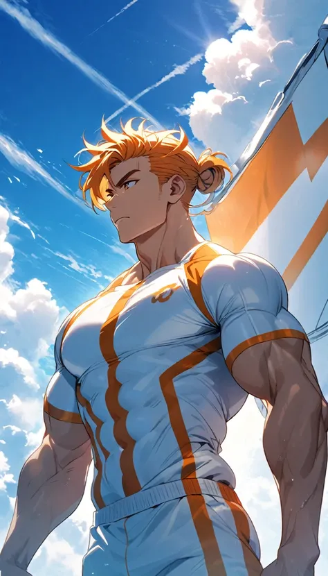 A muscular man wearing orange and white fitness clothing，Cool hairstyle，Blue sky and white clouds，Sunlight