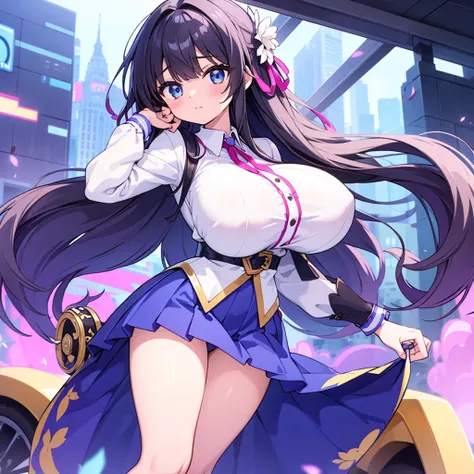 Highest quality, 1girl, solo, large breasts, thick thighs, long blue skirt, white blouse, standimg, black hair, bangs